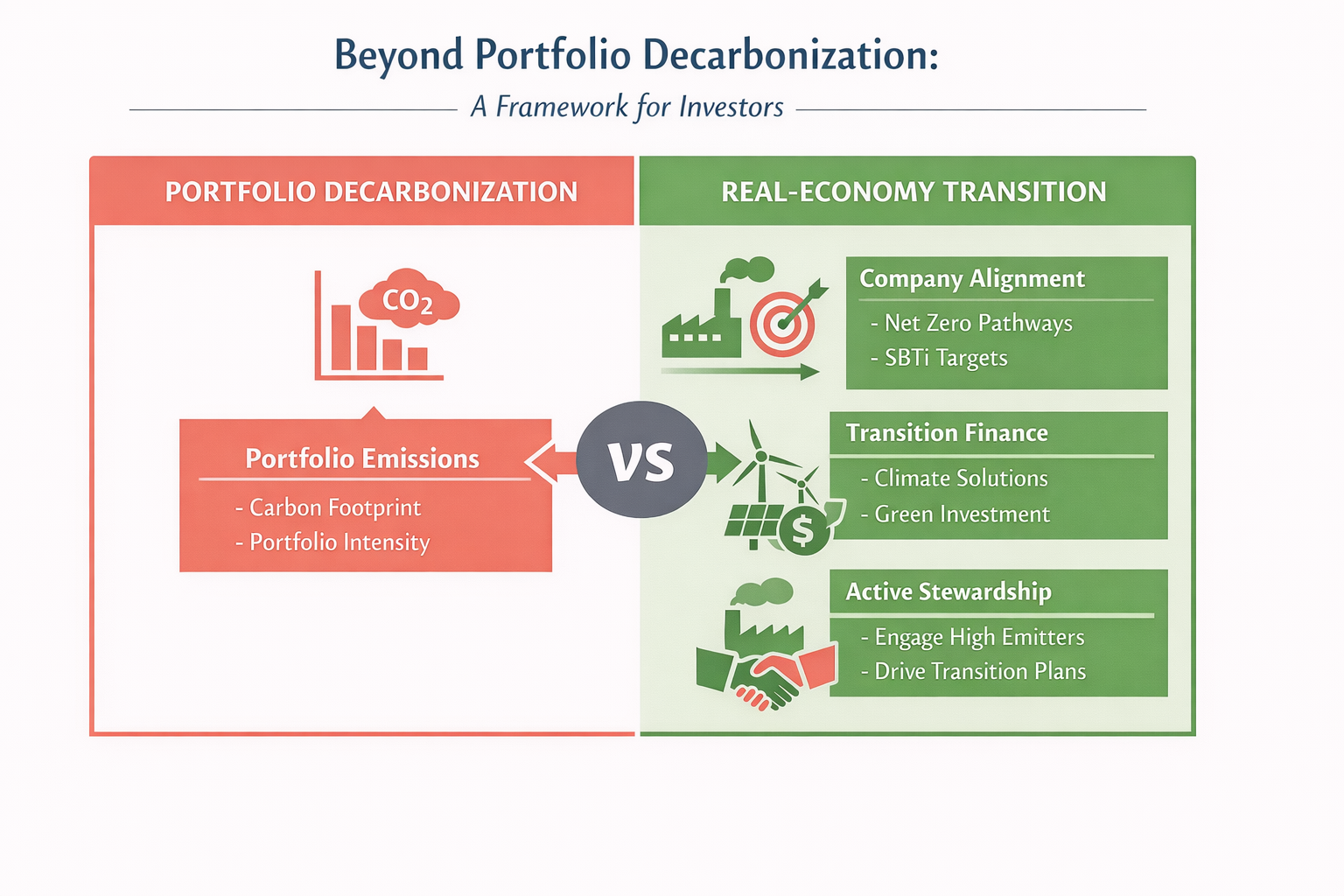 Beyond Portfolio Decarbonization framework comparing Portfolio Decarbonization (portfolio emissions, carbon footprint, portfolio intensity) versus Real-Economy Transition (company alignment, transition finance, active stewardship)